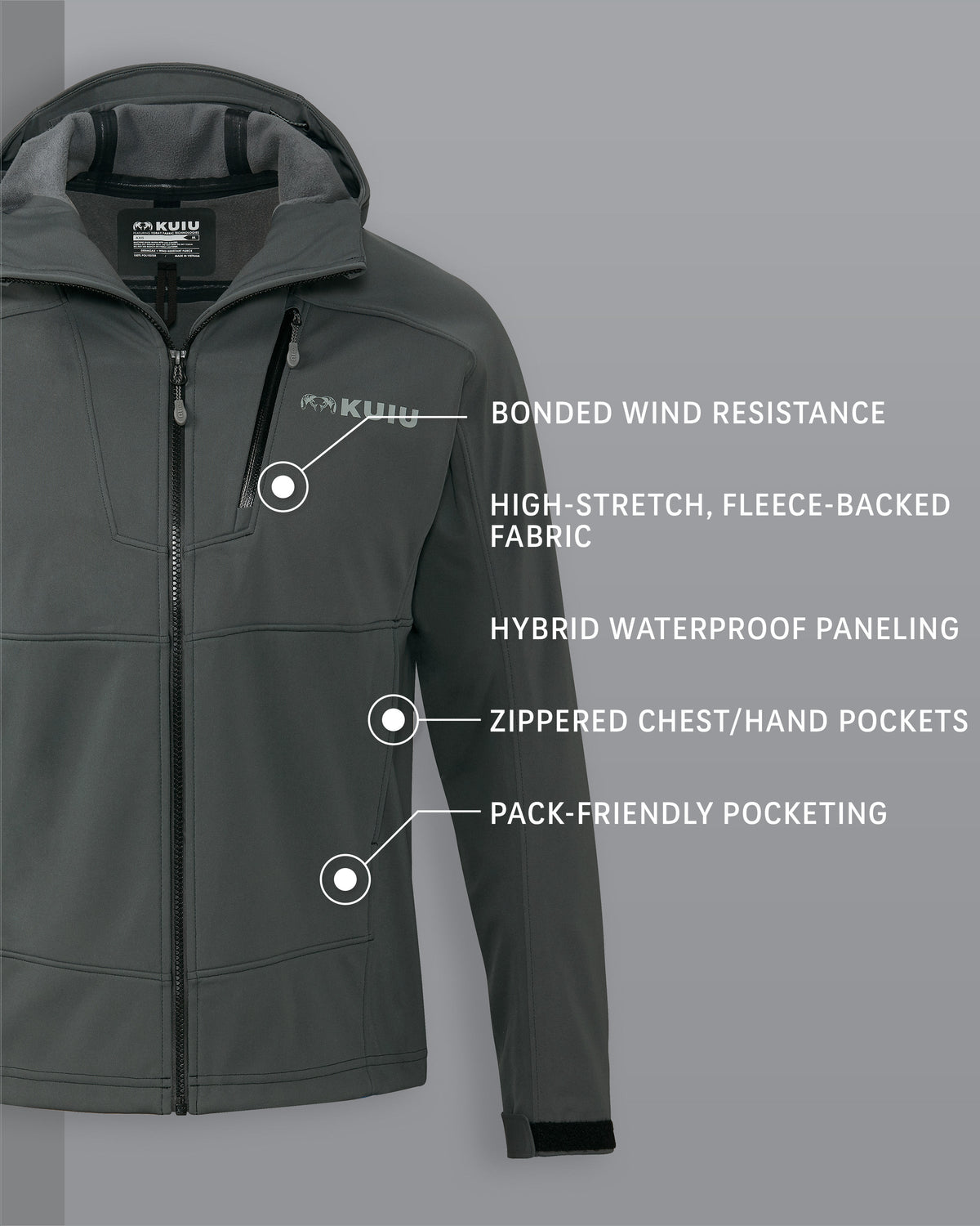 Axis Hybrid Hooded Jacket in Gunmetal Grey Detail Callout Includes: Bonded Wind Resistance, High-Stretch Fleece-Backed Fabric, Hybrid Waterproof Paneling, Zippered Chest/Hand Pockets, Pack-Friendly Pocketing