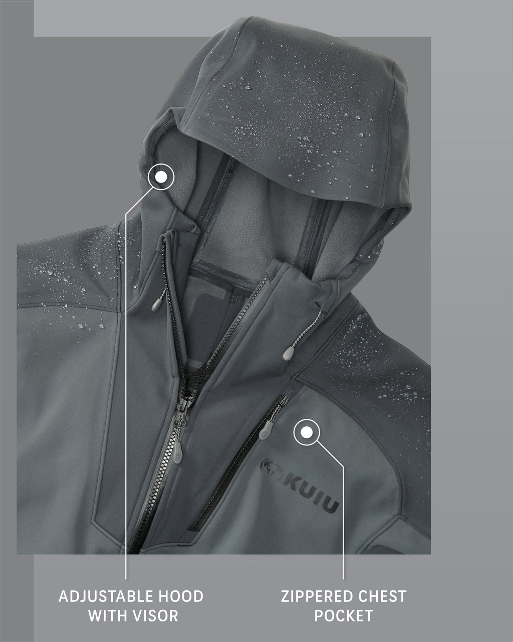 Axis Hybrid Hooded Jacket in Gunmetal Detail Hood and Zippered Chest Pocket Callout