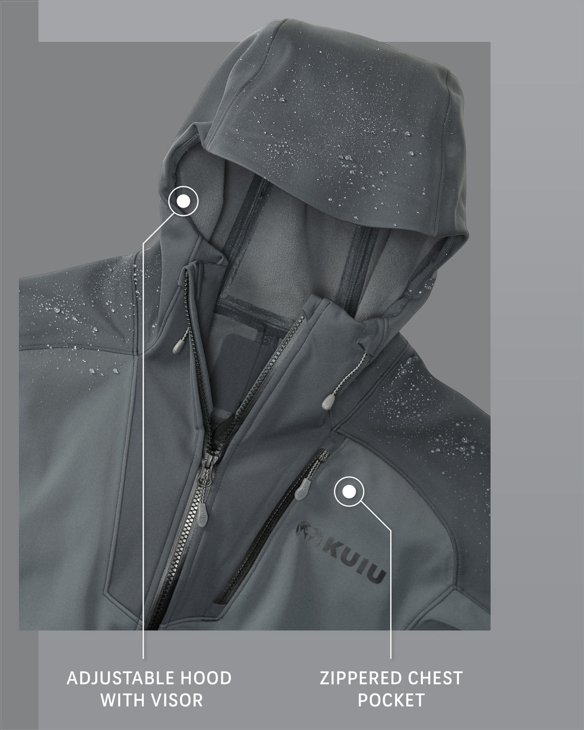 Axis Hybrid Hooded Jacket in Gunmetal Detail Hood and Zippered Chest Pocket Callout