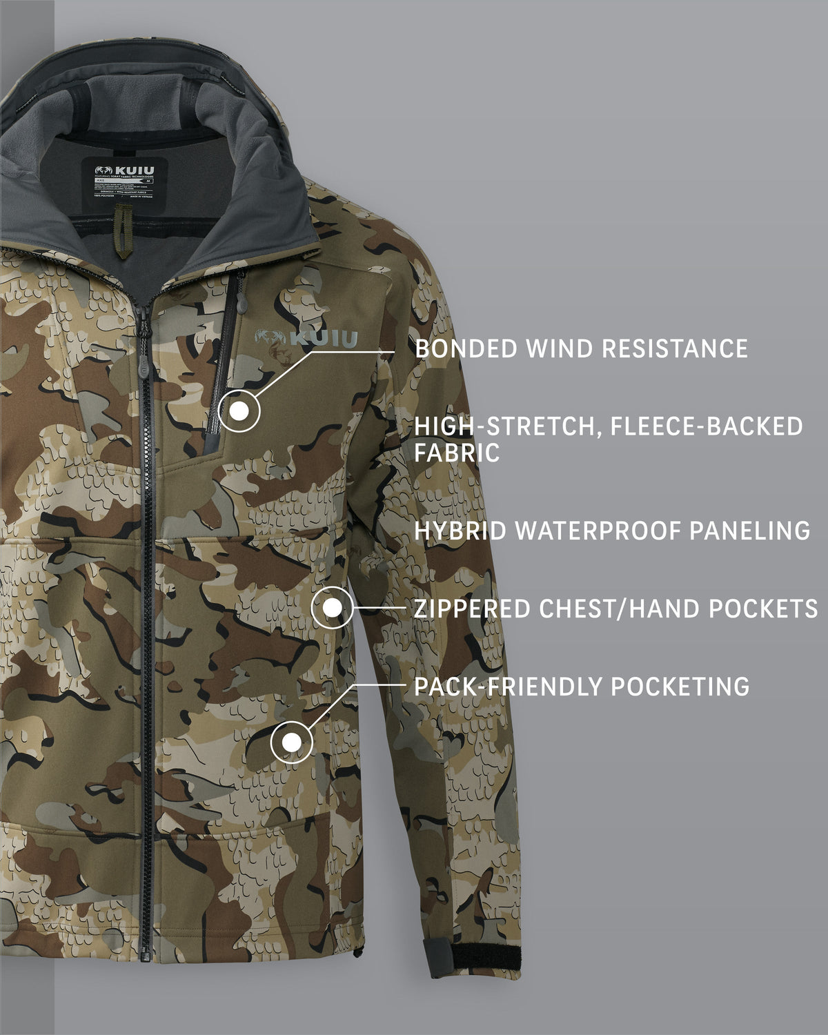 Axis Hybrid Hooded Jacket in Valo Camouflage Detail Callout Includes: Bonded Wind Resistance, High-Stretch Fleece-Backed Fabric, Hybrid Waterproof Paneling, Zippered Chest/Hand Pockets, Pack-Friendly Pocketing