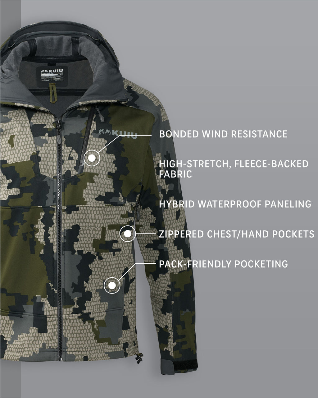 Axis Hybrid Hooded Jacket in Verde Camouflage Detail Callout Includes: Bonded Wind Resistance, High-Stretch Fleece-Backed Fabric, Hybrid Waterproof Paneling, Zippered Chest/Hand Pockets, Pack-Friendly Pocketing