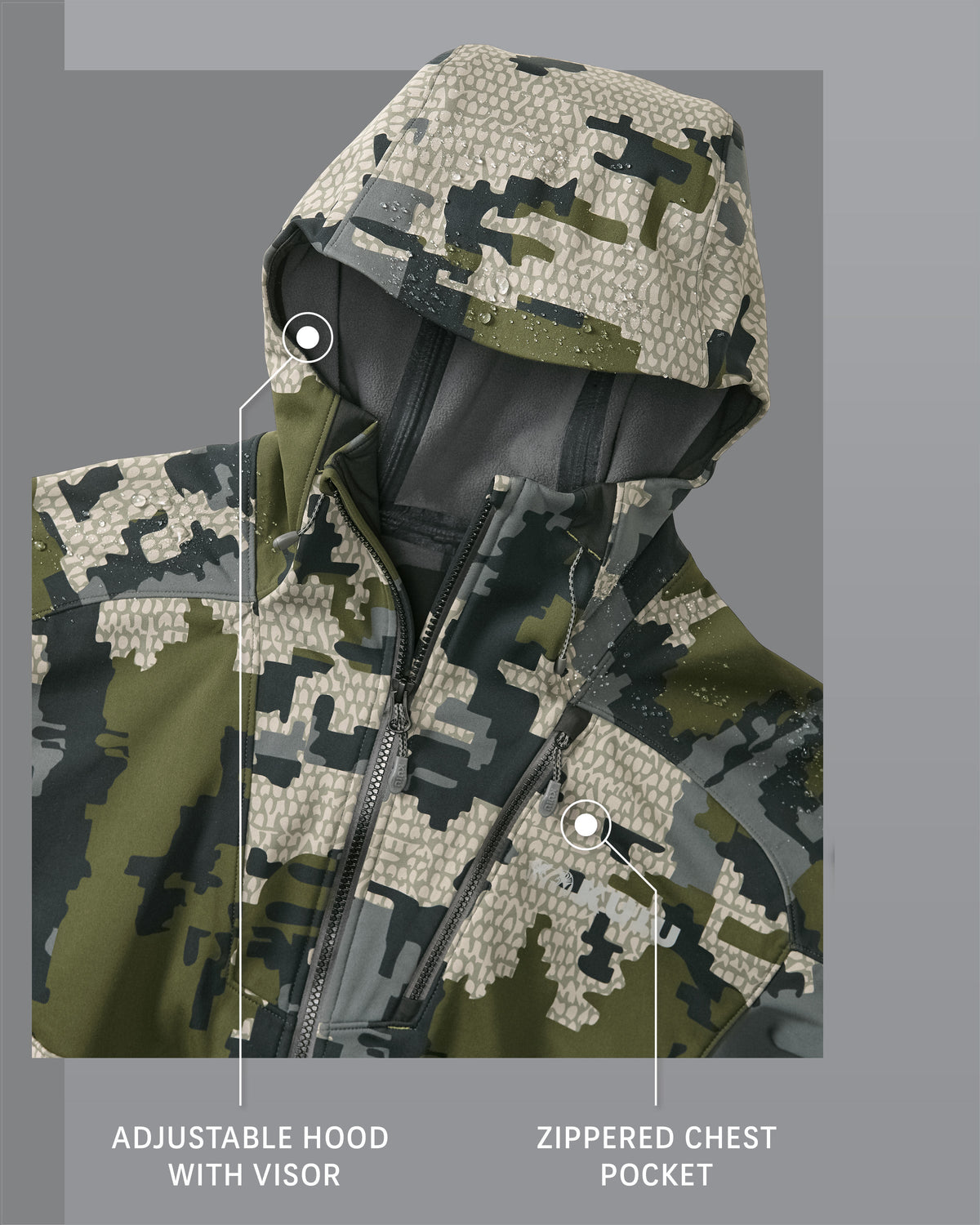 Axis Hybrid Hooded Jacket in Verde Camouflage Detail Hood and Zippered Chest Pocket Callout