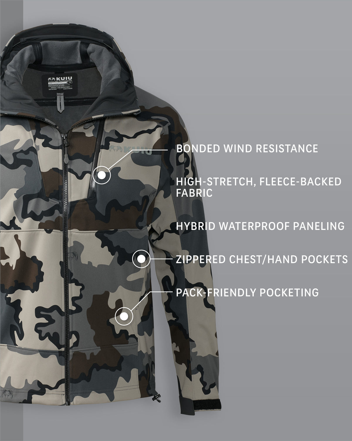 Axis Hybrid Hooded Jacket in Vias Camouflage Detail Callout Includes: Bonded Wind Resistance, High-Stretch Fleece-Backed Fabric, Hybrid Waterproof Paneling, Zippered Chest/Hand Pockets, Pack-Friendly Pocketing