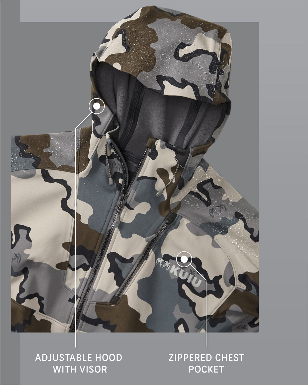 Axis Hybrid Hooded Jacket in Vias Camouflage Detail Hood and Zippered Chest Pocket Callout