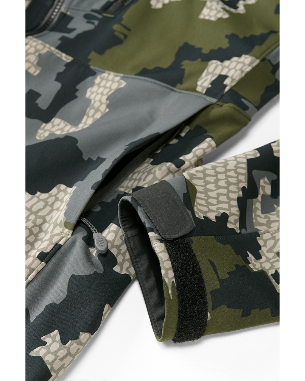 Front, Angled View of Axis Hybrid Hooded Jacket in Verde Camouflage Highlighting Adjustable Hook and Loop Cuff Closure
