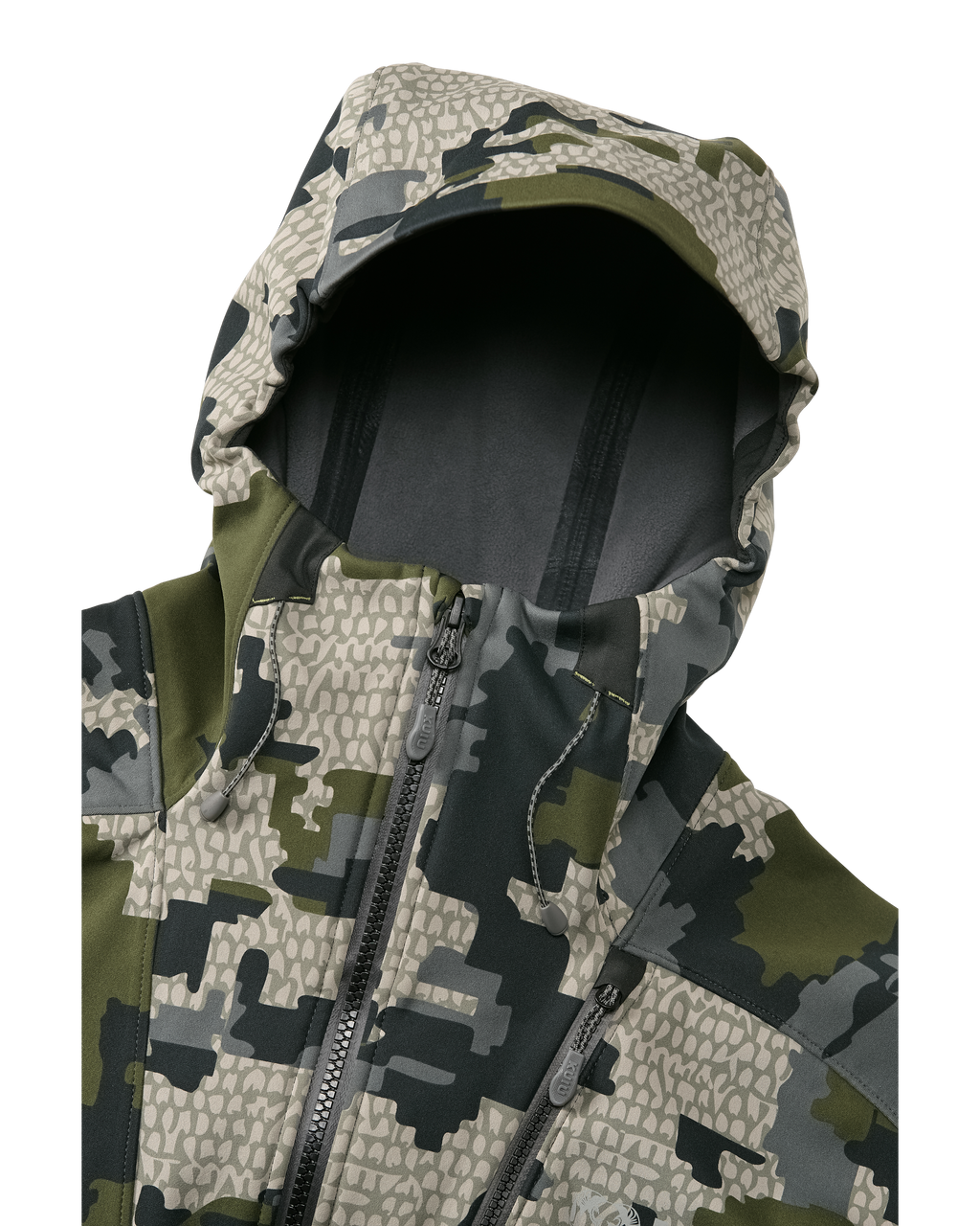 Front of Axis Hybrid Hooded Jacket in Verde Camouflage Highlighting Adjustable Hood with Visor