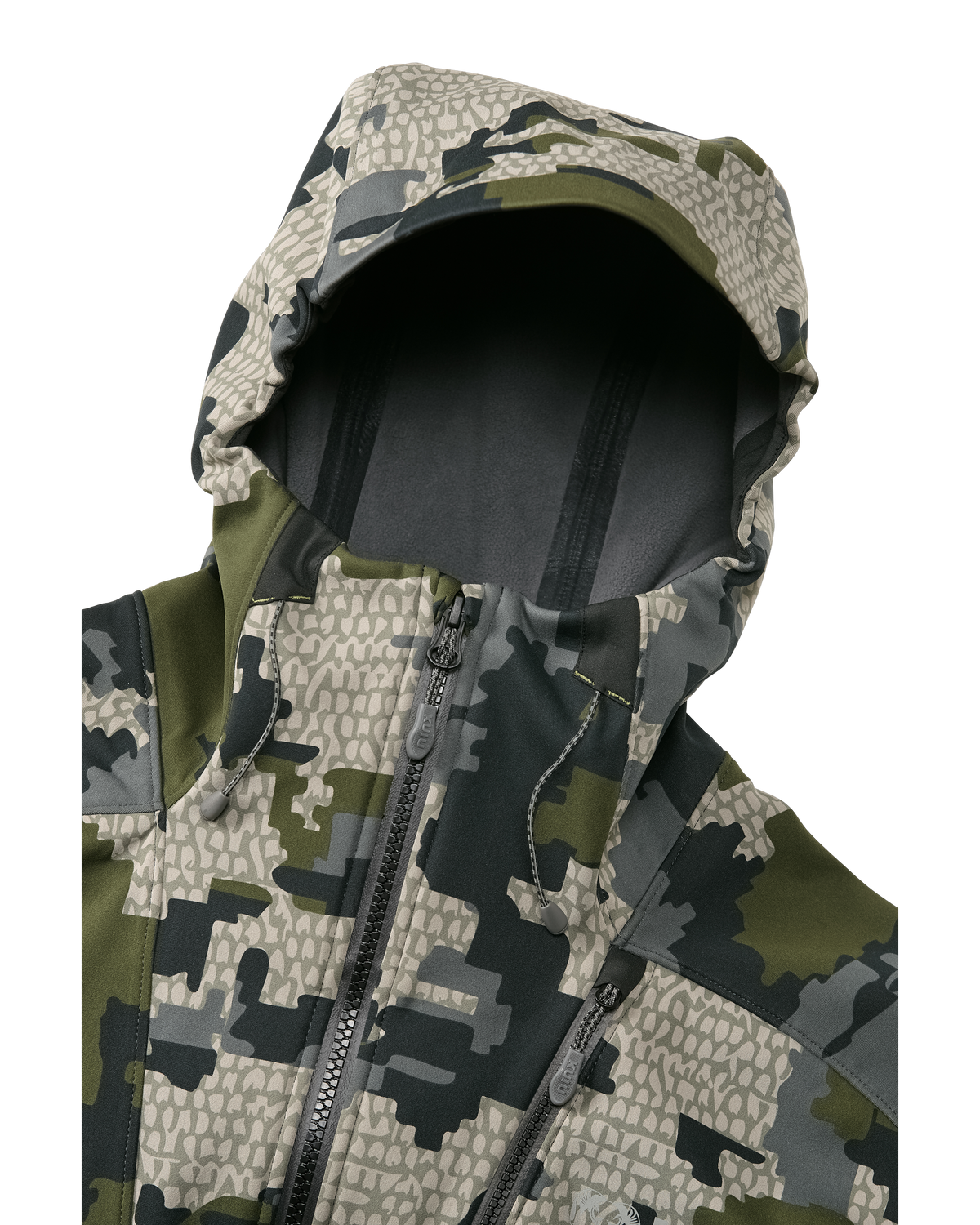 Front of Axis Hybrid Hooded Jacket in Verde Camouflage Highlighting Adjustable Hood with Visor