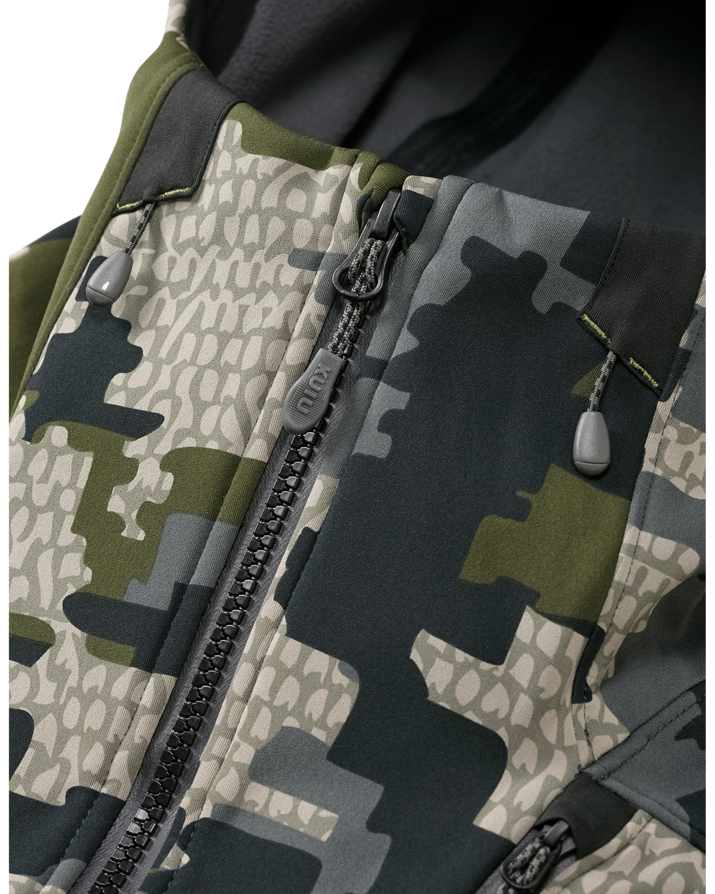 Front of Axis Hybrid Hooded Jacket in Gunmetal Grey Color Highlighting Adjustable Hood