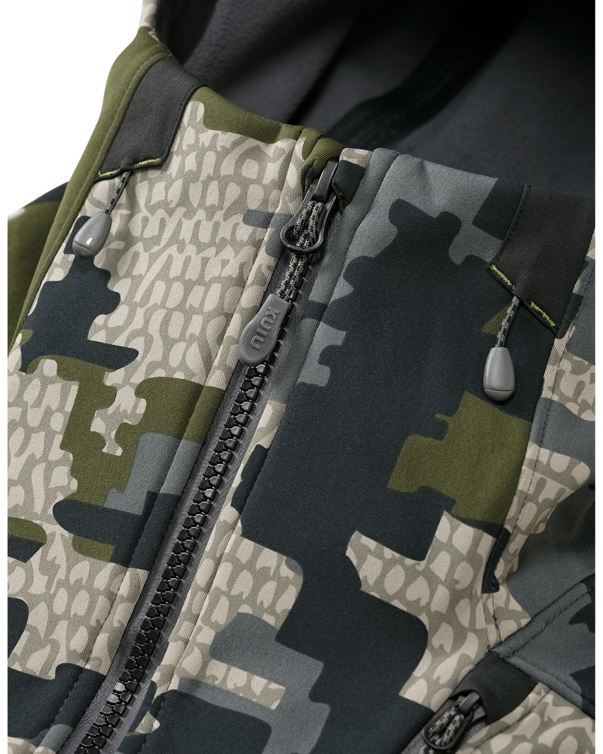Front of Axis Hybrid Hooded Jacket in Gunmetal Grey Color Highlighting Adjustable Hood