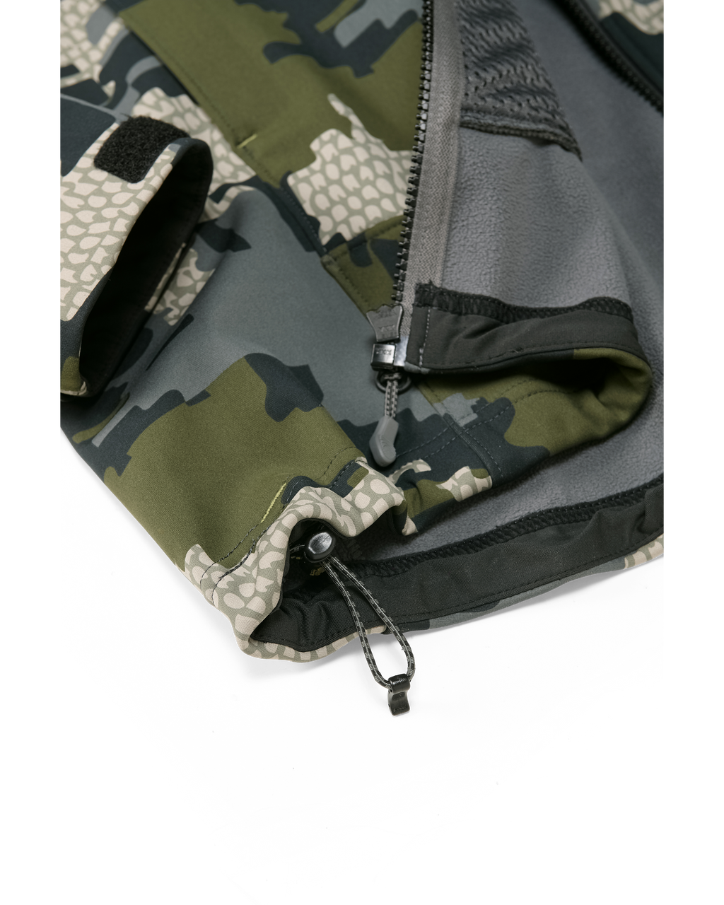 Front, Lower View of Axis Hybrid Hooded Jacket in Verde Camouflage Highlighting Adjustable Hem Cinch