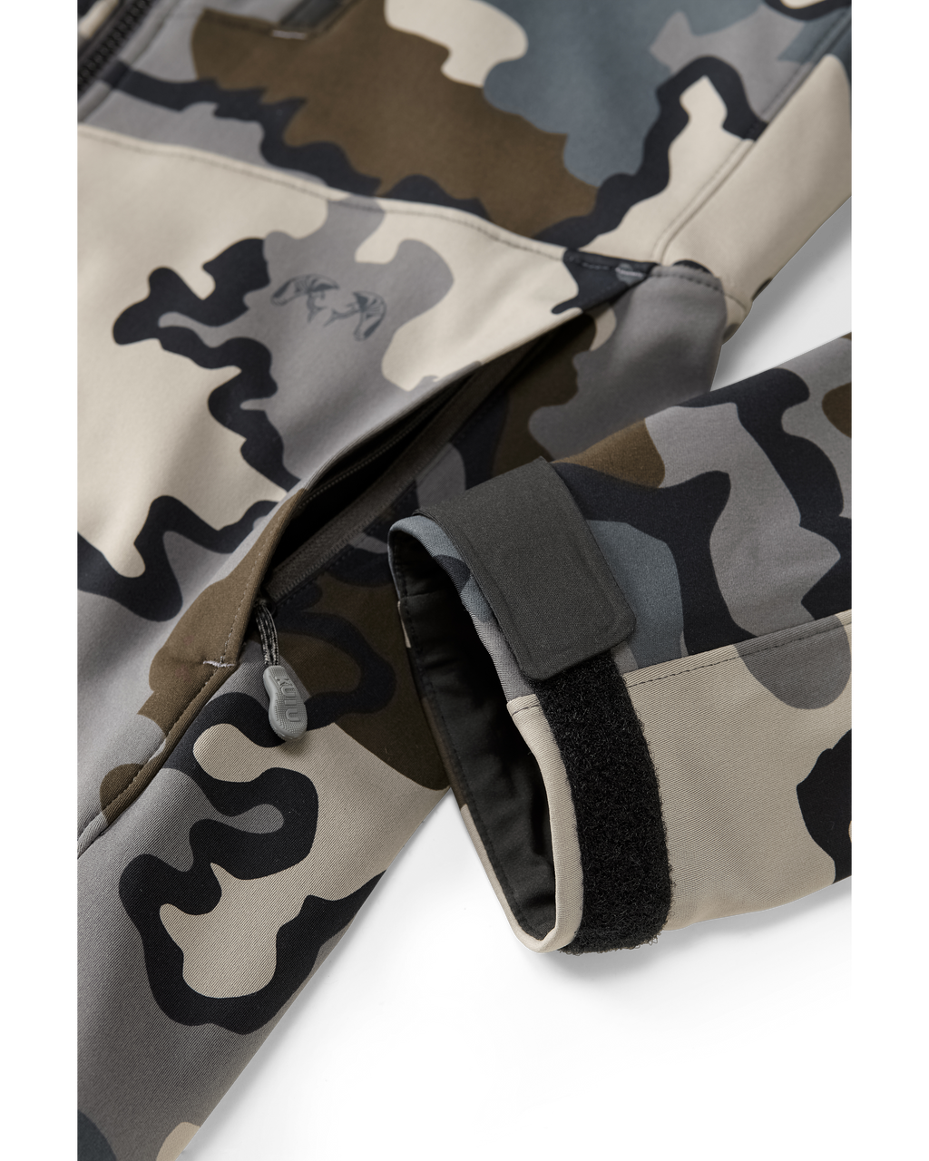 Front, Angled View of Axis Hybrid Hooded Jacket in Vias Camouflage Highlighting Adjustable Hook and Loop Cuff Closure