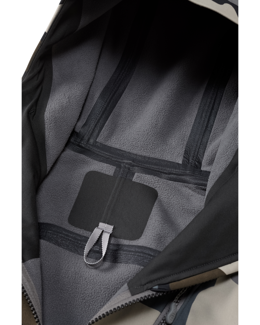 Front, Interior View of Axis Hybrid Hooded Jacket in Vias Camouflage Highlighting Micro-Fleece Backer and Seam Tape in Critical Areas