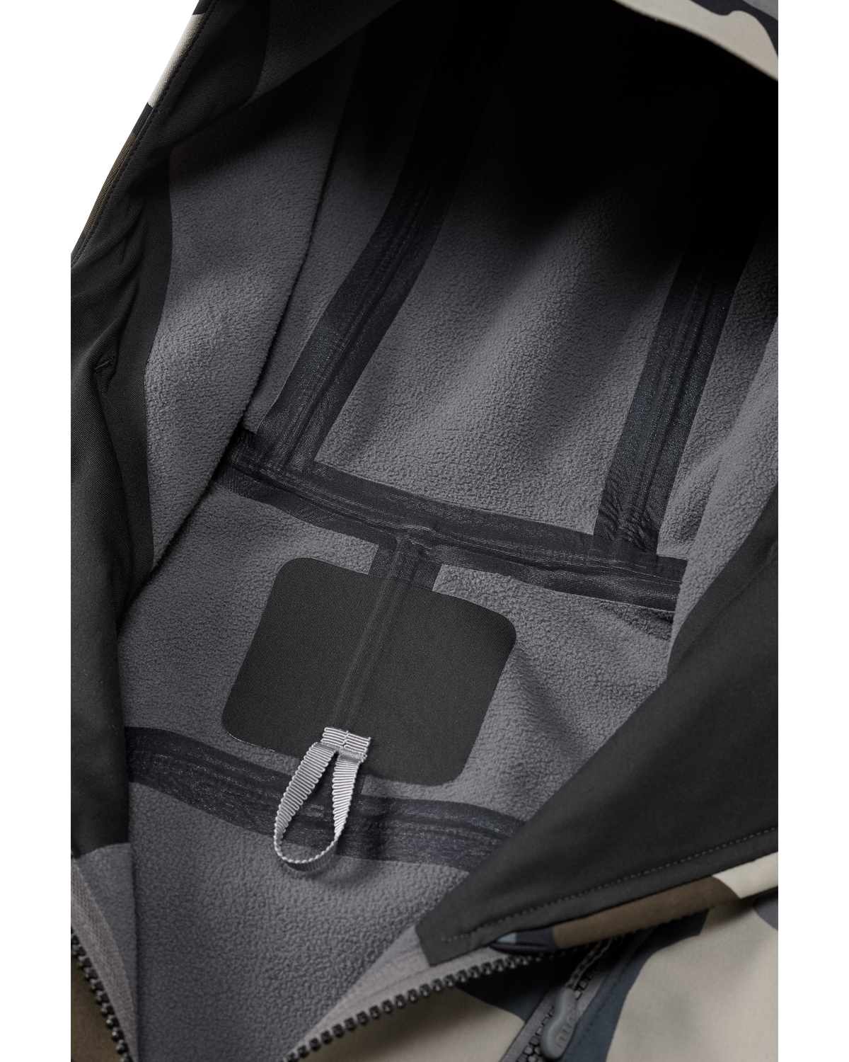 Front, Interior View of Axis Hybrid Hooded Jacket in Vias Camouflage Highlighting Micro-Fleece Backer and Seam Tape in Critical Areas