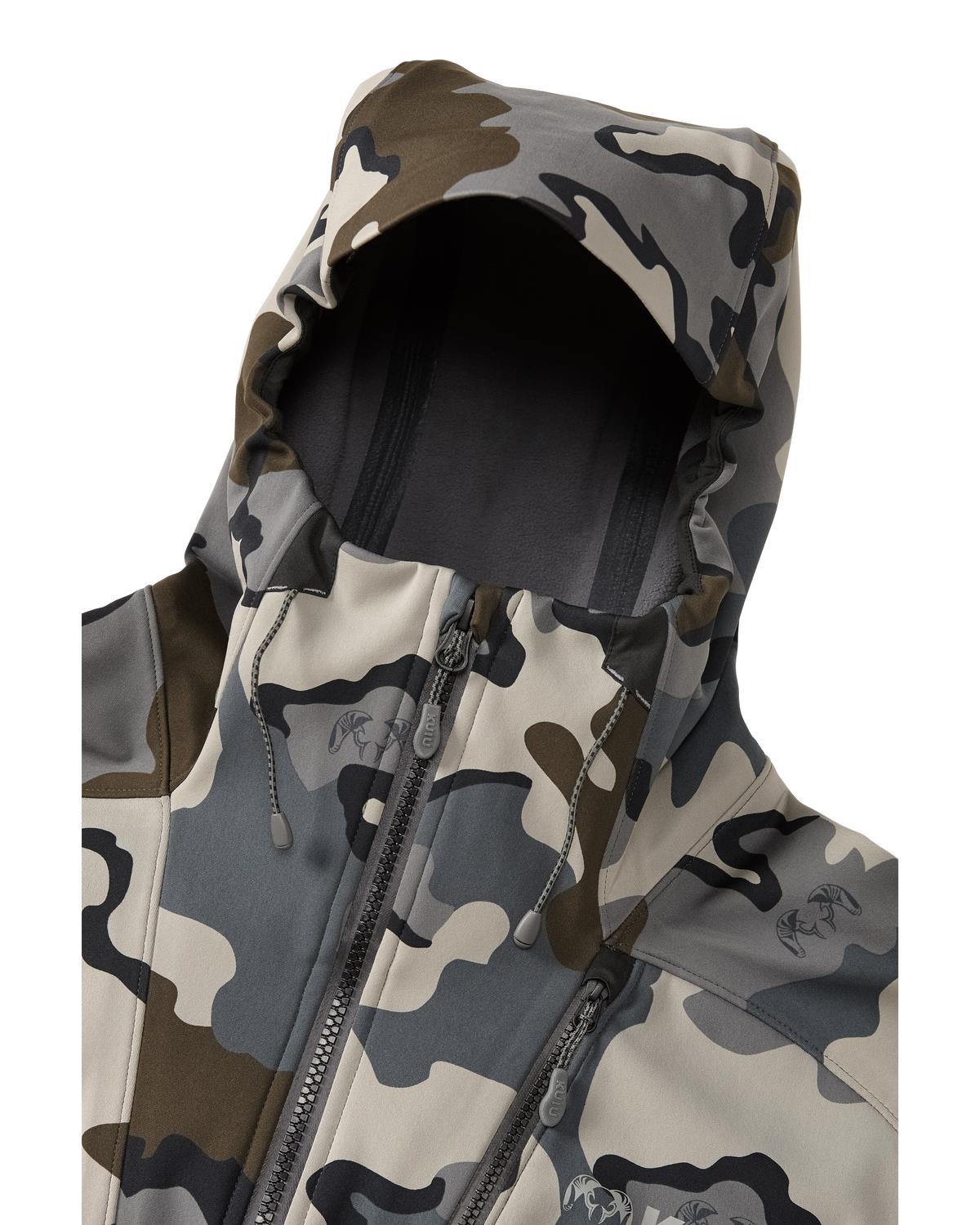 Front of Axis Hybrid Hooded Jacket in Vias Camouflage Highlighting Adjustable Hood with Visor