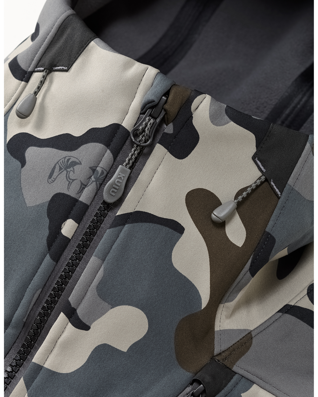 Front of Axis Hybrid Hooded Jacket in Verde Camouflage Highlighting Adjustable Hood