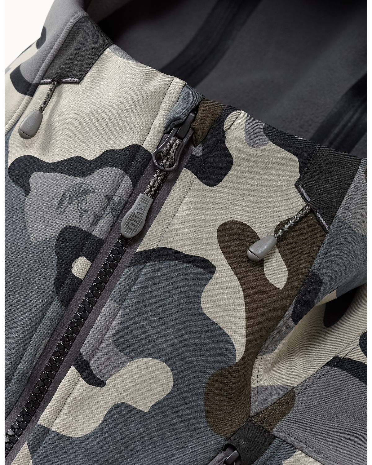 Front of Axis Hybrid Hooded Jacket in Verde Camouflage Highlighting Adjustable Hood