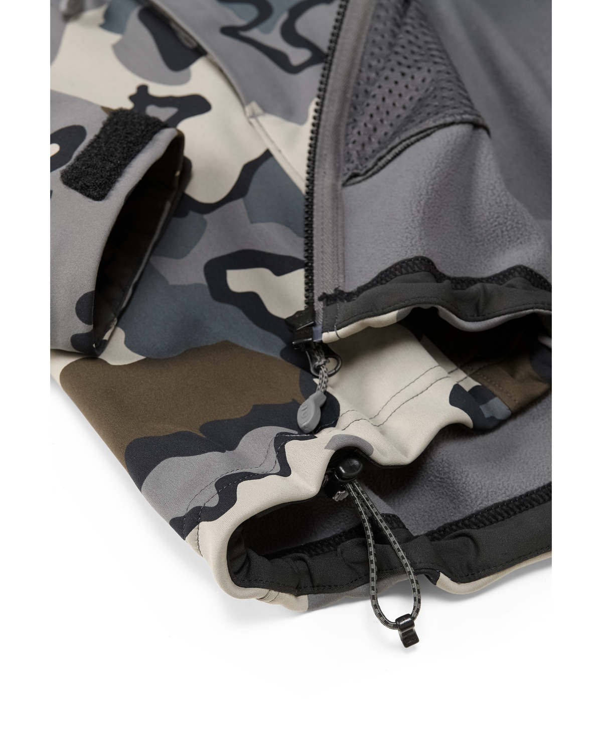 Front, Lower View of Axis Hybrid Hooded Jacket in Vias Camouflage Highlighting Adjustable Hem Cinch