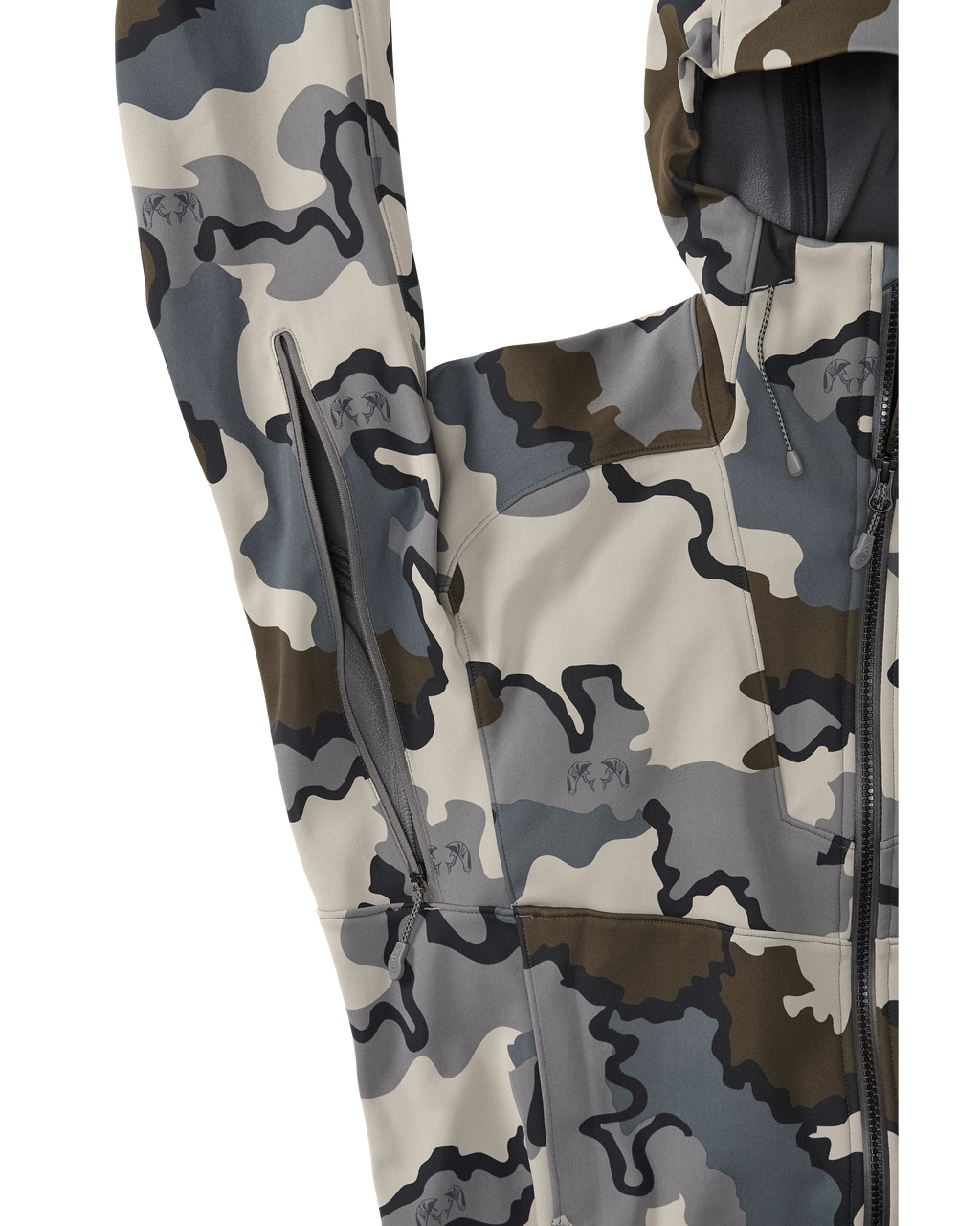 Front of Axis Hybrid Hooded Jacket in Vias Camouflage Highlighting YKK Zippered Pit Zips