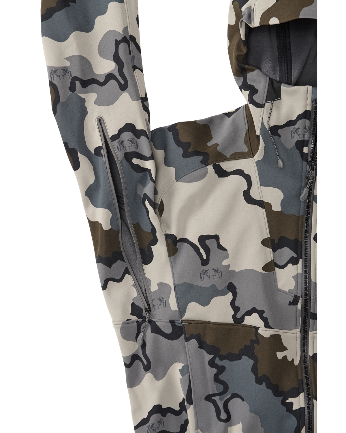 Front of Axis Hybrid Hooded Jacket in Vias Camouflage Highlighting YKK Zippered Pit Zips