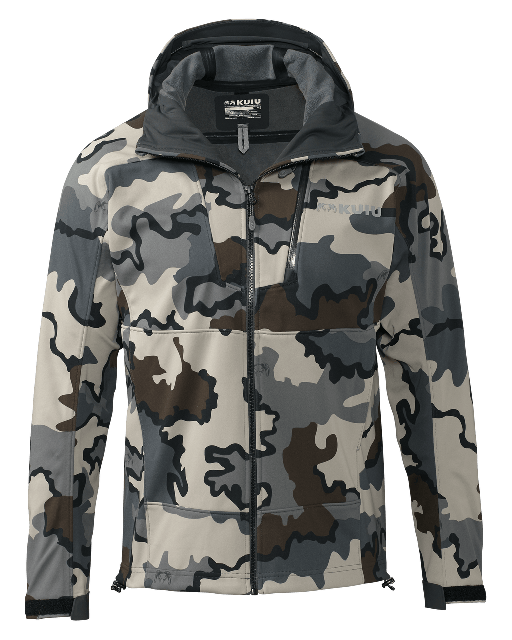 Front of Axis Hybrid Hooded Jacket in Vias Camouflage