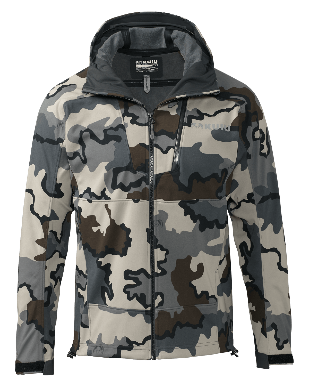 Front of Axis Hybrid Hooded Jacket in Vias Camouflage
