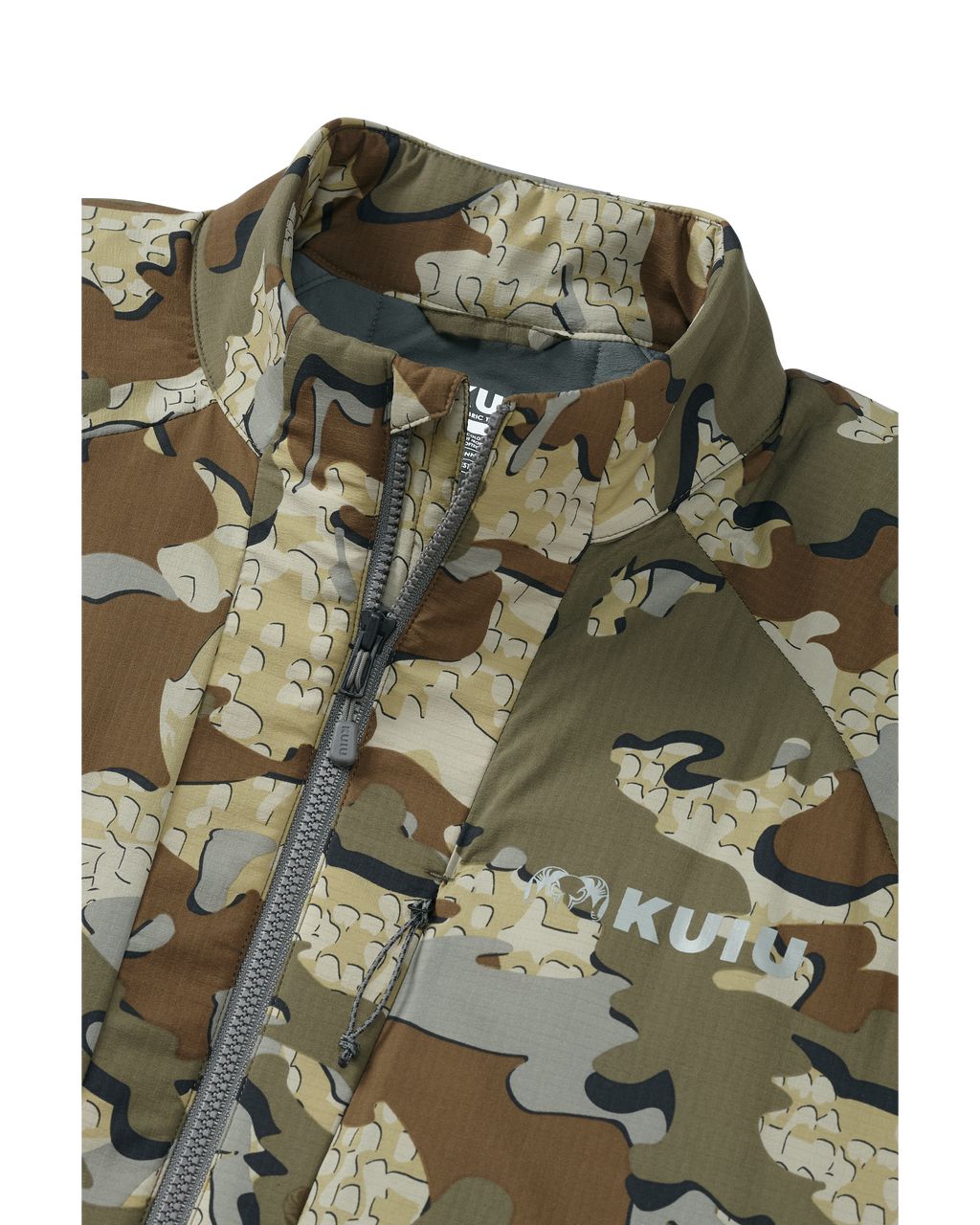 Detail of collar area with zipper partially down on Kenai Jacket in Valo Camouflage