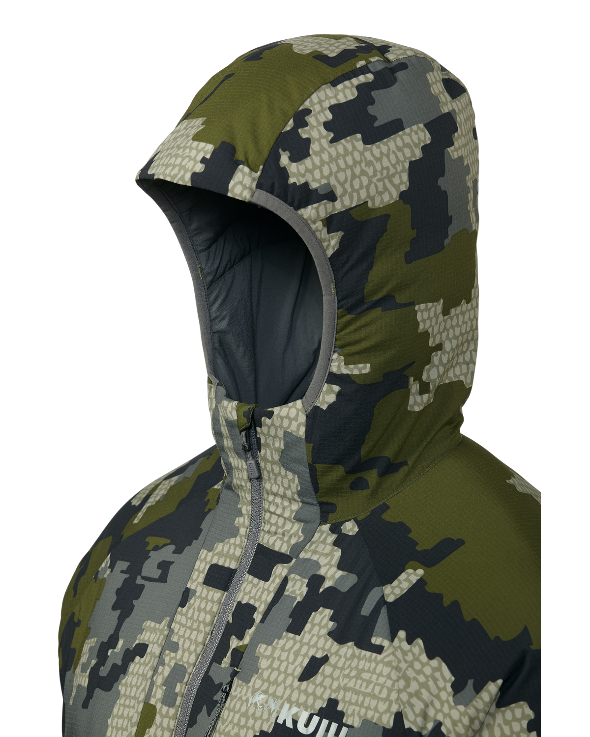 Hood detail on Kenai hooded Jacket in Verde Camouflage