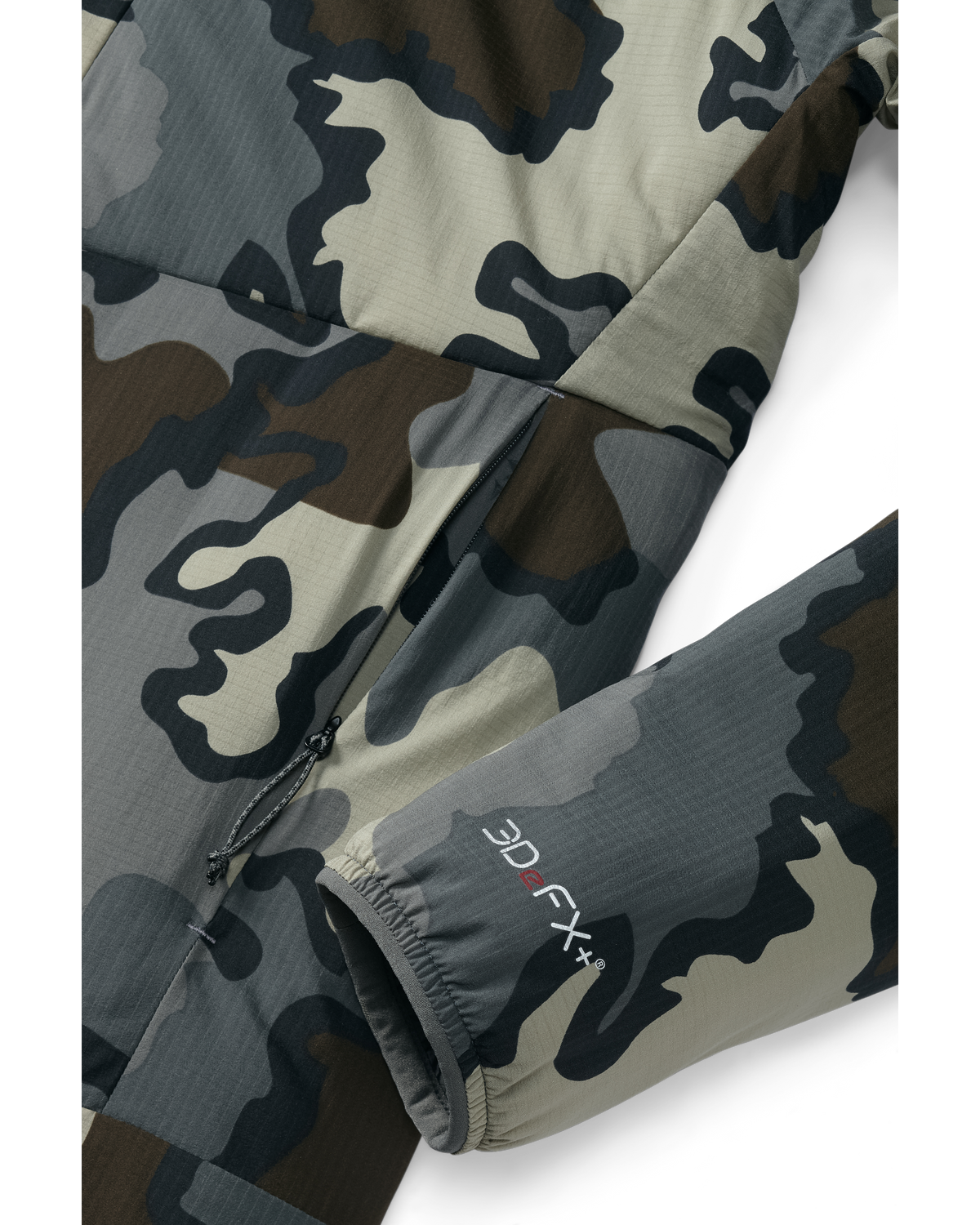Open hand pocket and cuff detail on Kenai hooded Jacket in Vias Camouflage
