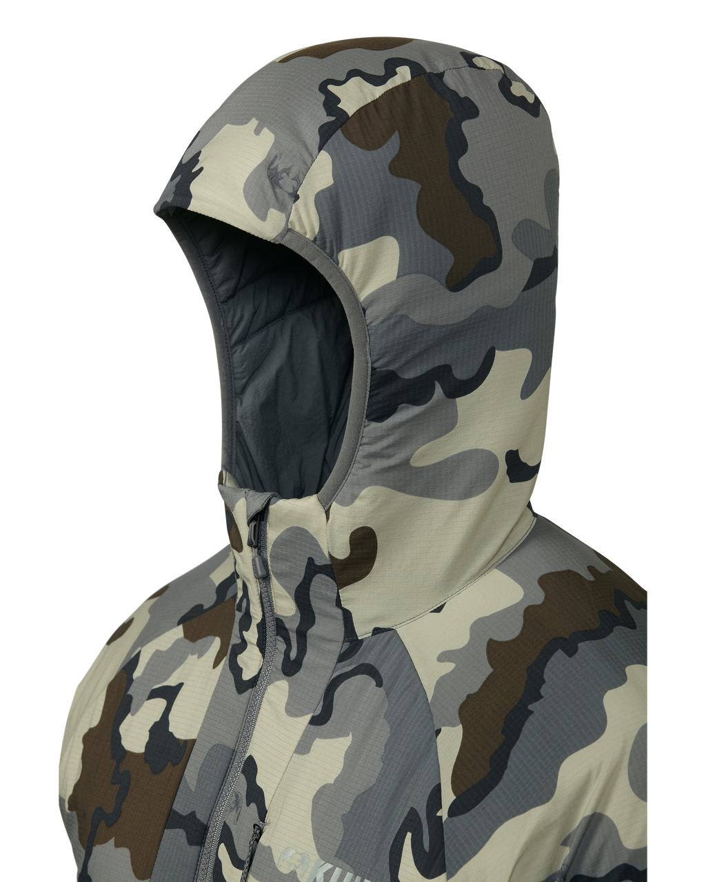 Hood detail on Kenai hooded Jacket in Vias Camouflage