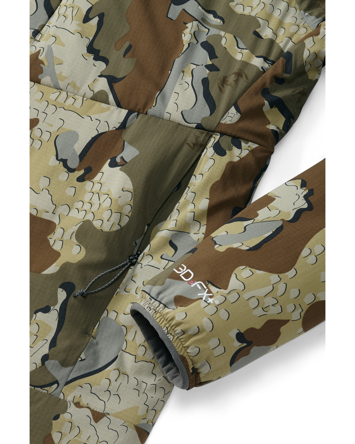 Open hand pocket and cuff detail on Kenai hooded Jacket in Valo Camouflage