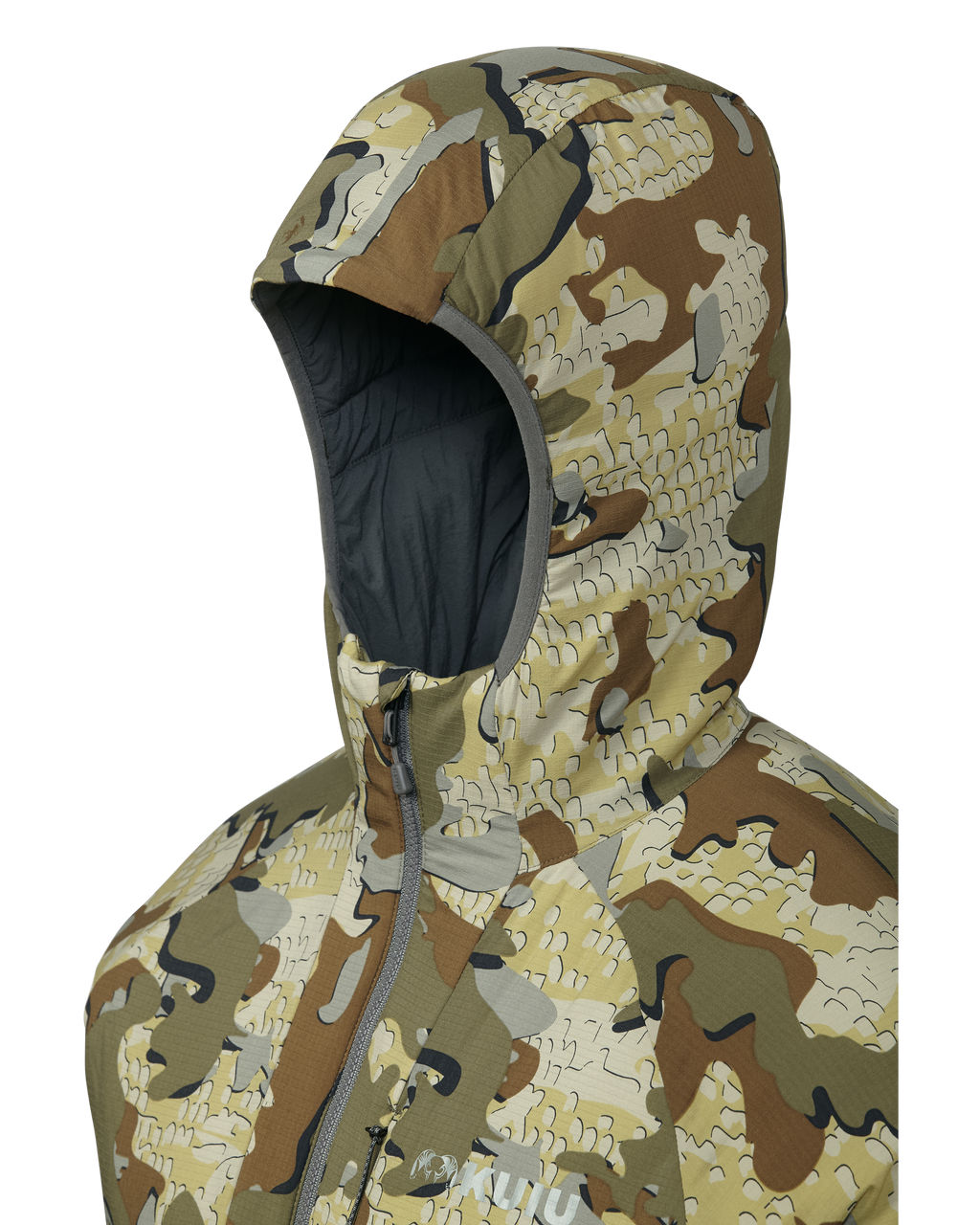 Hood detail on Kenai hooded Jacket in Valo Camouflage