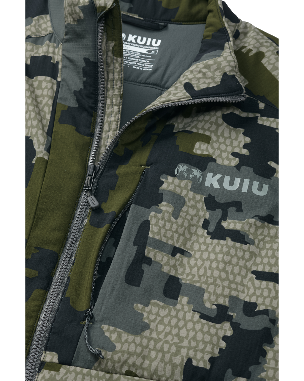 Detail of chest pocket with zipper open onKenai Vest in Verde Camouflage