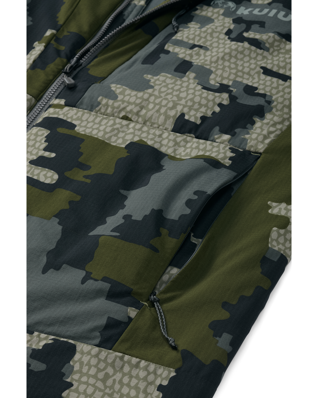 Detail of zippered hand pocket open on Kenai Vest in Verde Camouflage