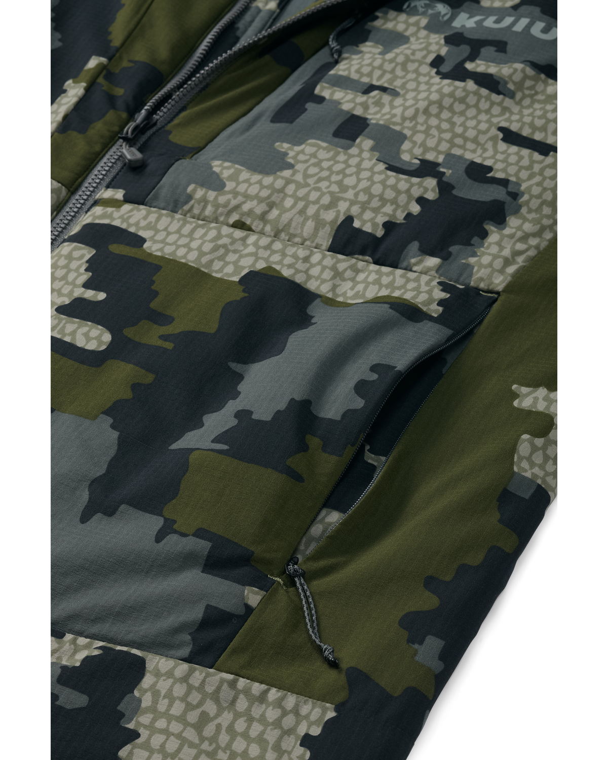 Detail of zippered hand pocket open on Kenai Vest in Verde Camouflage