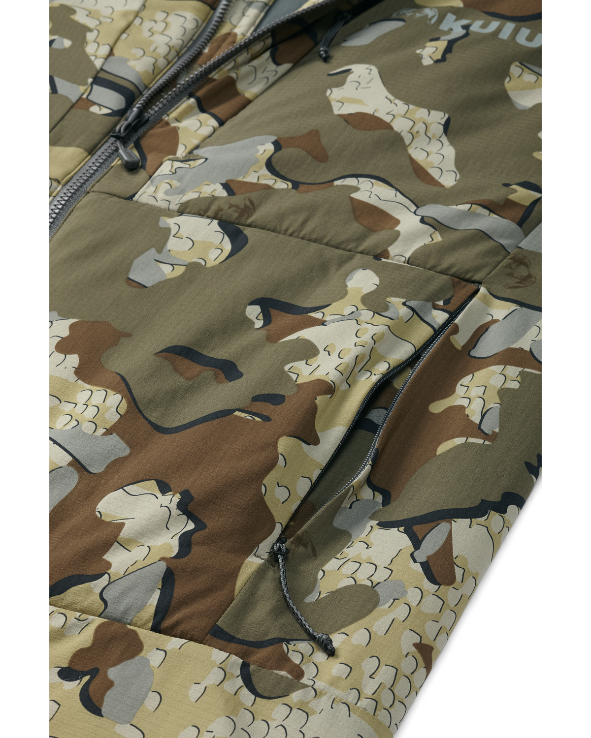 Detail of zippered hand pocket open on Kenai Vest in Valo Camouflage