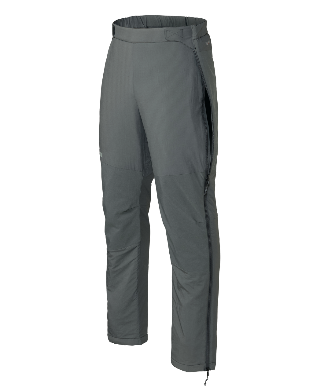 Front of Kenai Pant in Gunmetal Grey with full length leg zipper partially open near hip