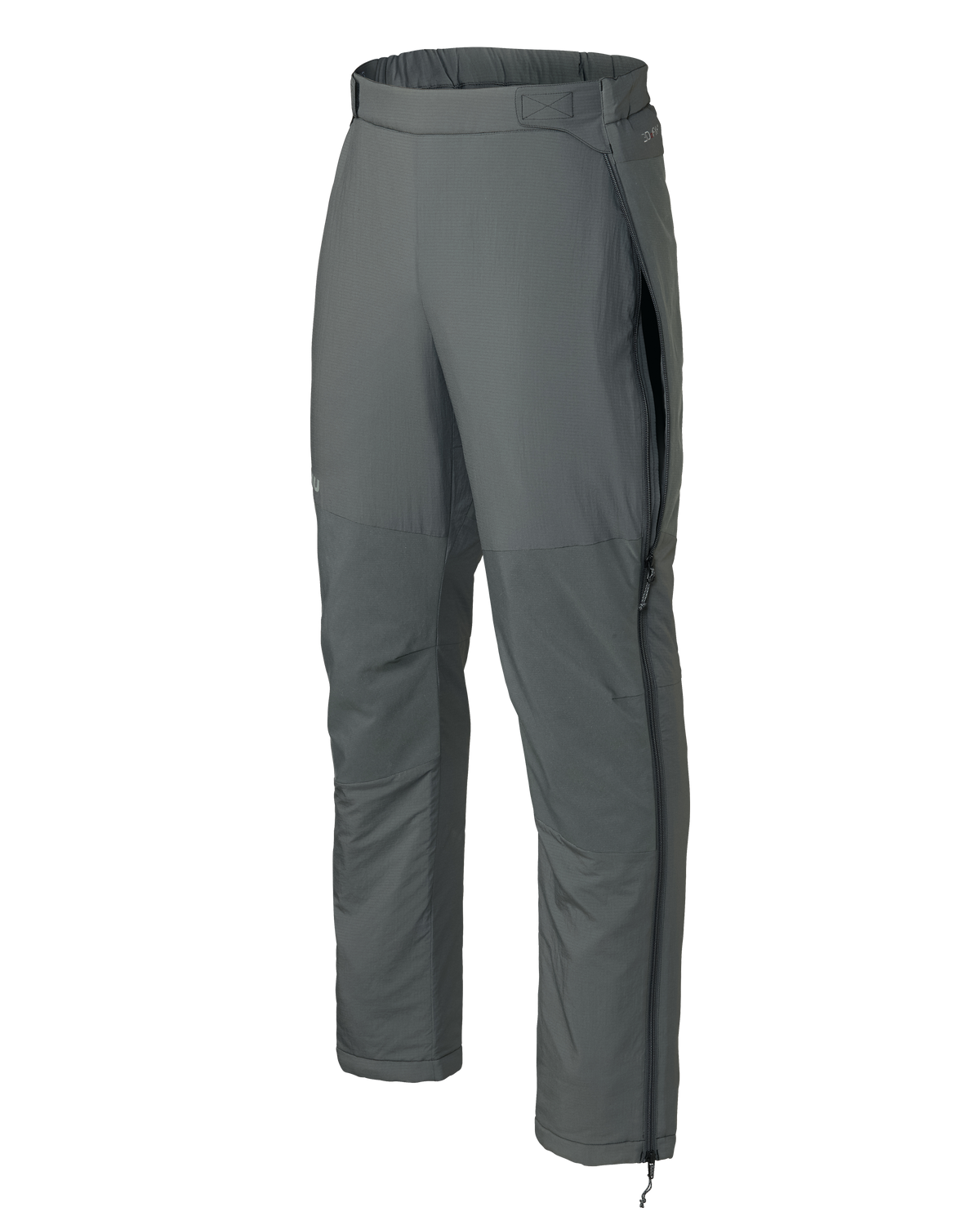 Front of Kenai Pant in Gunmetal Grey with full length leg zipper partially open near hip