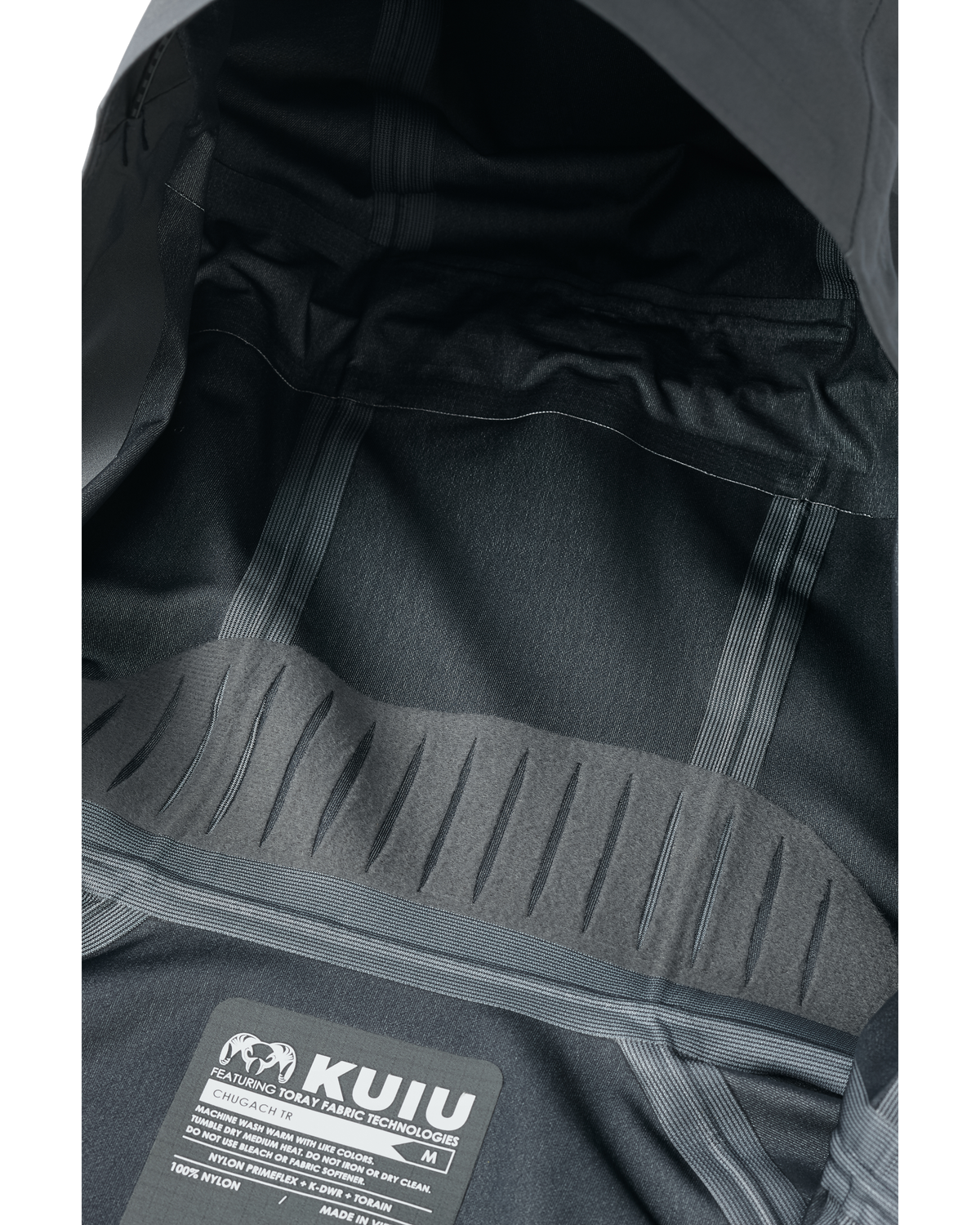 Inside fabric detail of hood showing taped seams on Chugach TR Rain Jacket in Gunmetal Grey