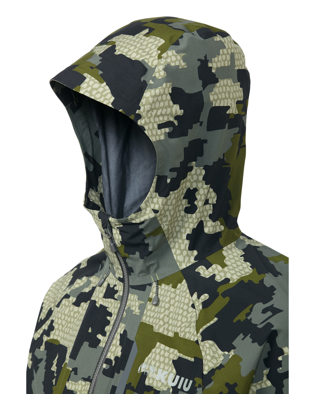 Hood detail on Chugach TR Rain Jacket in Verde Camouflage