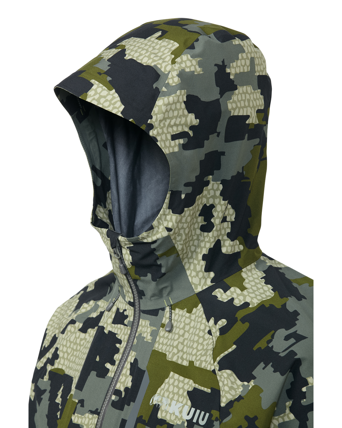 Hood detail on Chugach TR Rain Jacket in Verde Camouflage