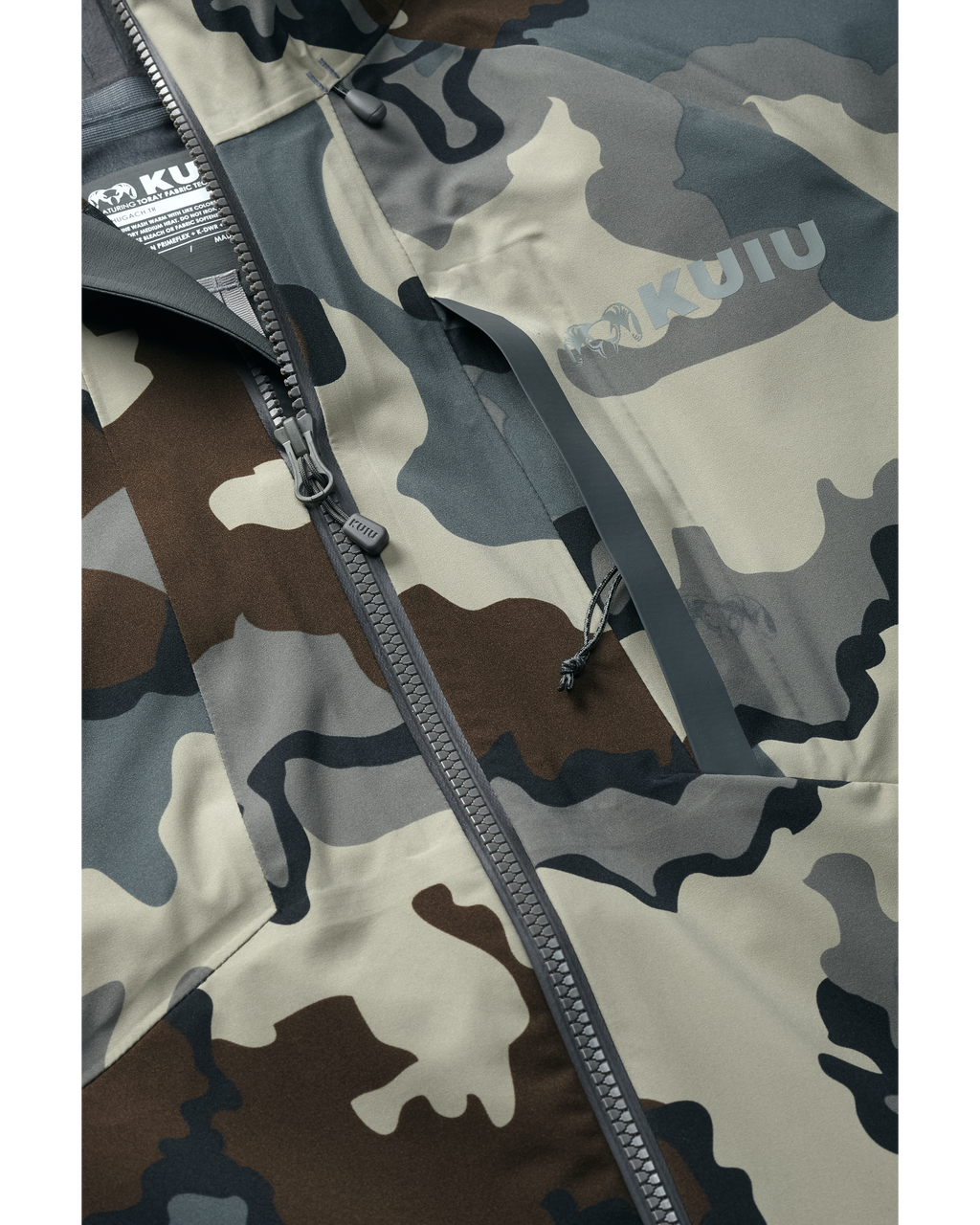Detail of partially open zippered chest pocket on Chugach TR Rain Jacket in Vias Camouflage