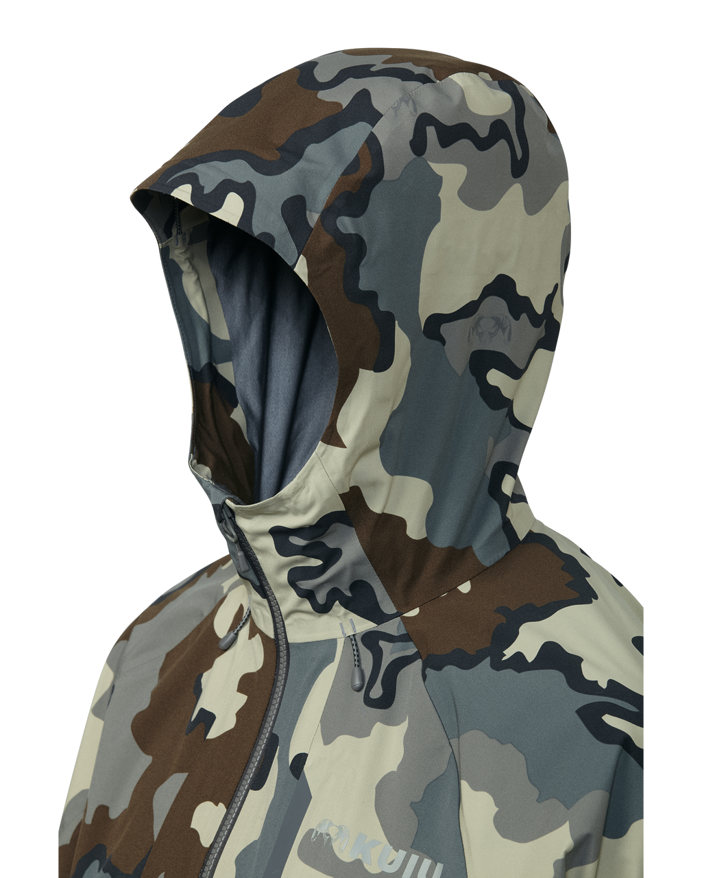 Hood detail on Chugach TR Rain Jacket in Vias Camouflage
