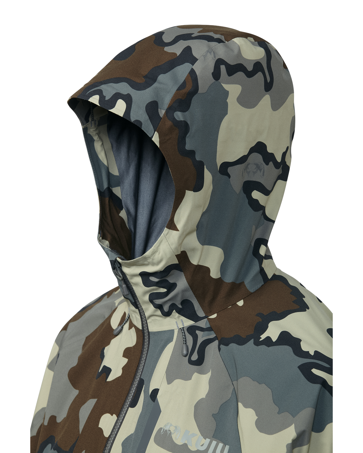 Hood detail on Chugach TR Rain Jacket in Vias Camouflage