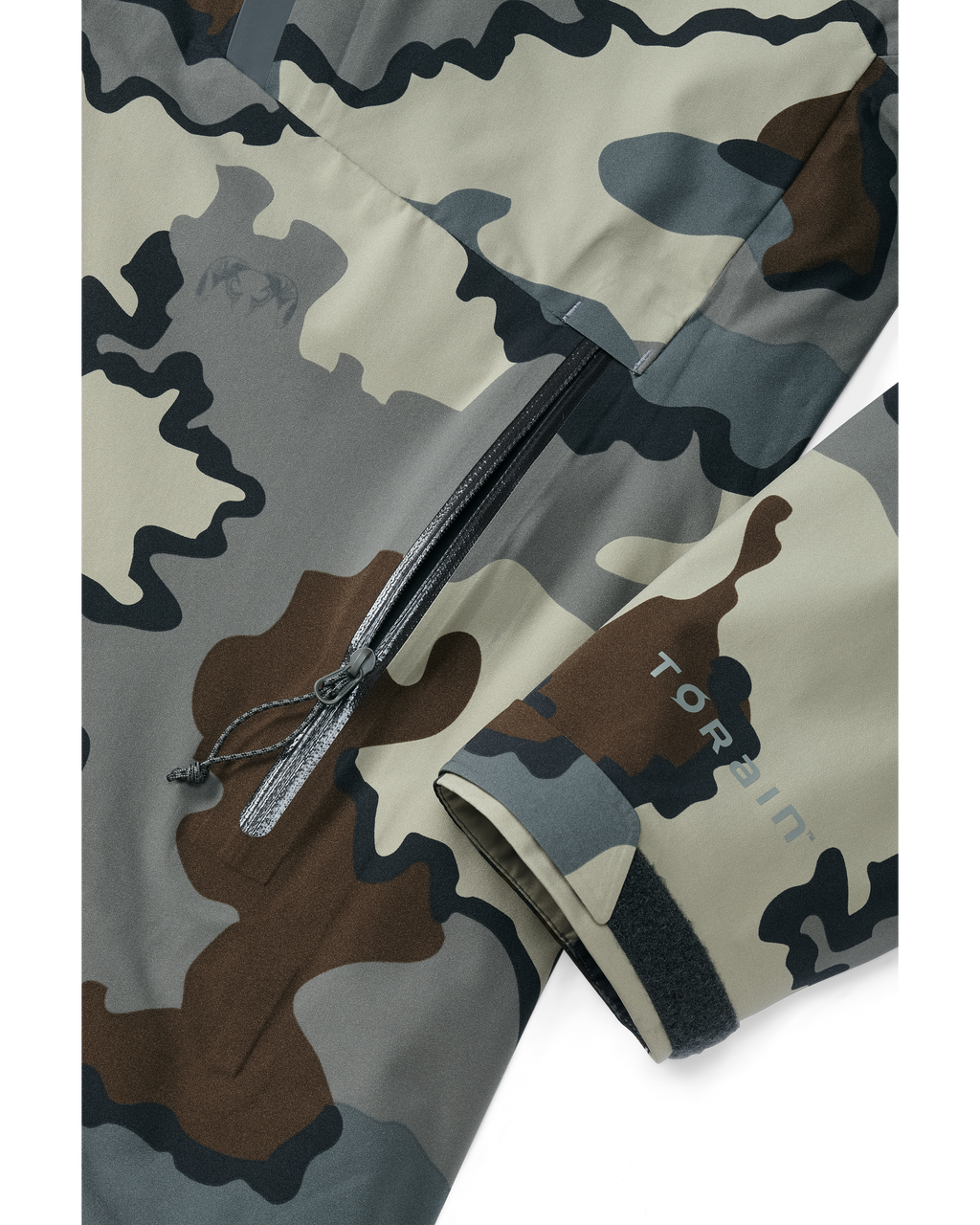 Detail of open zippered hand pocket and cuff on Chugach TR Rain Jacket in Vias Camouflage