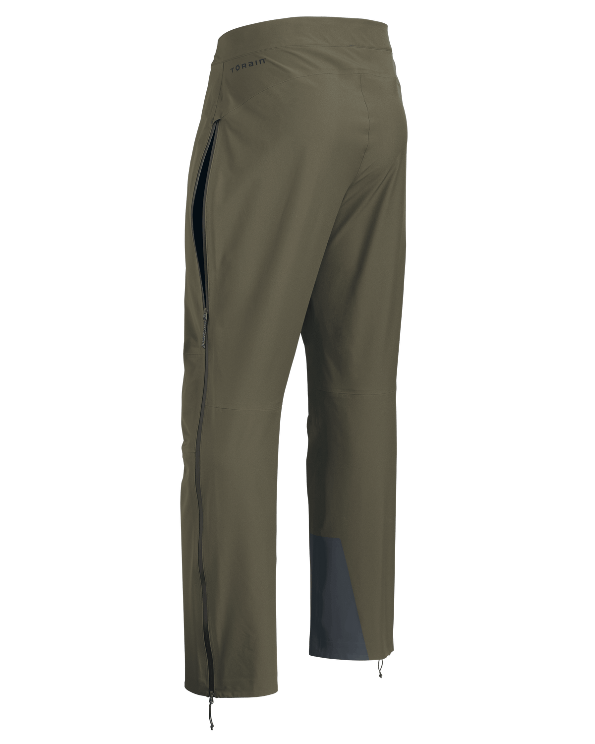 Back of Chugach TR Rain Pant in Ash Brown showing full-length leg zipper partially open acting as a hip vent