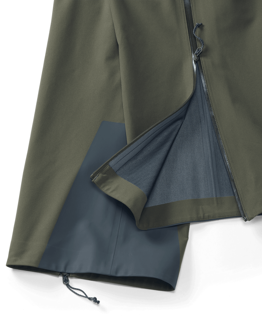 Front Interior Profile of Chugach TR Rain Pant in Ash Brown Highlighting YKK Aquagaurd Leg Zipper and Bemis Overlay Film Scuff Guard
