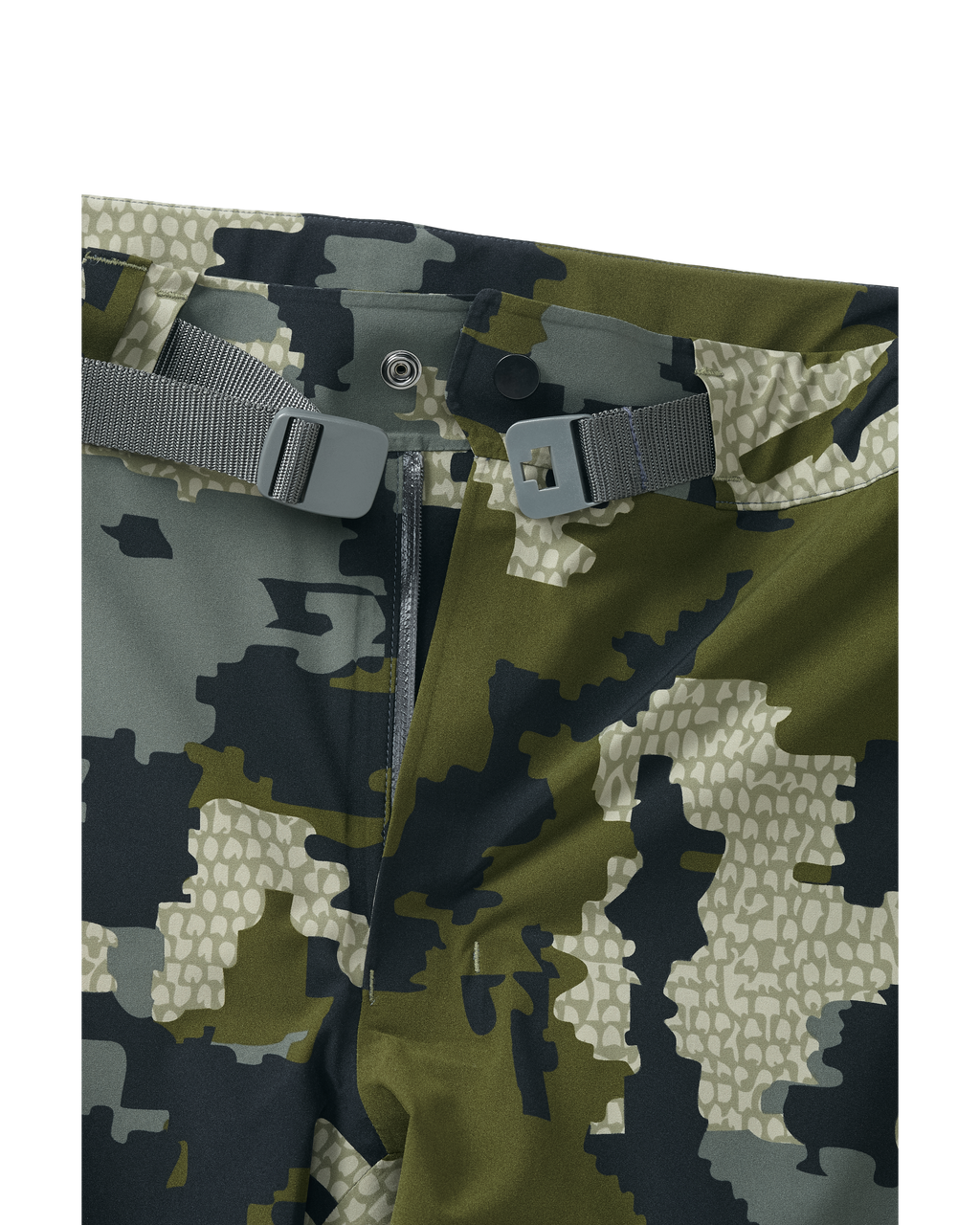 Detail adjustable waist with built-in belt on Chugach TR Rain Pant in Verde Camouflage