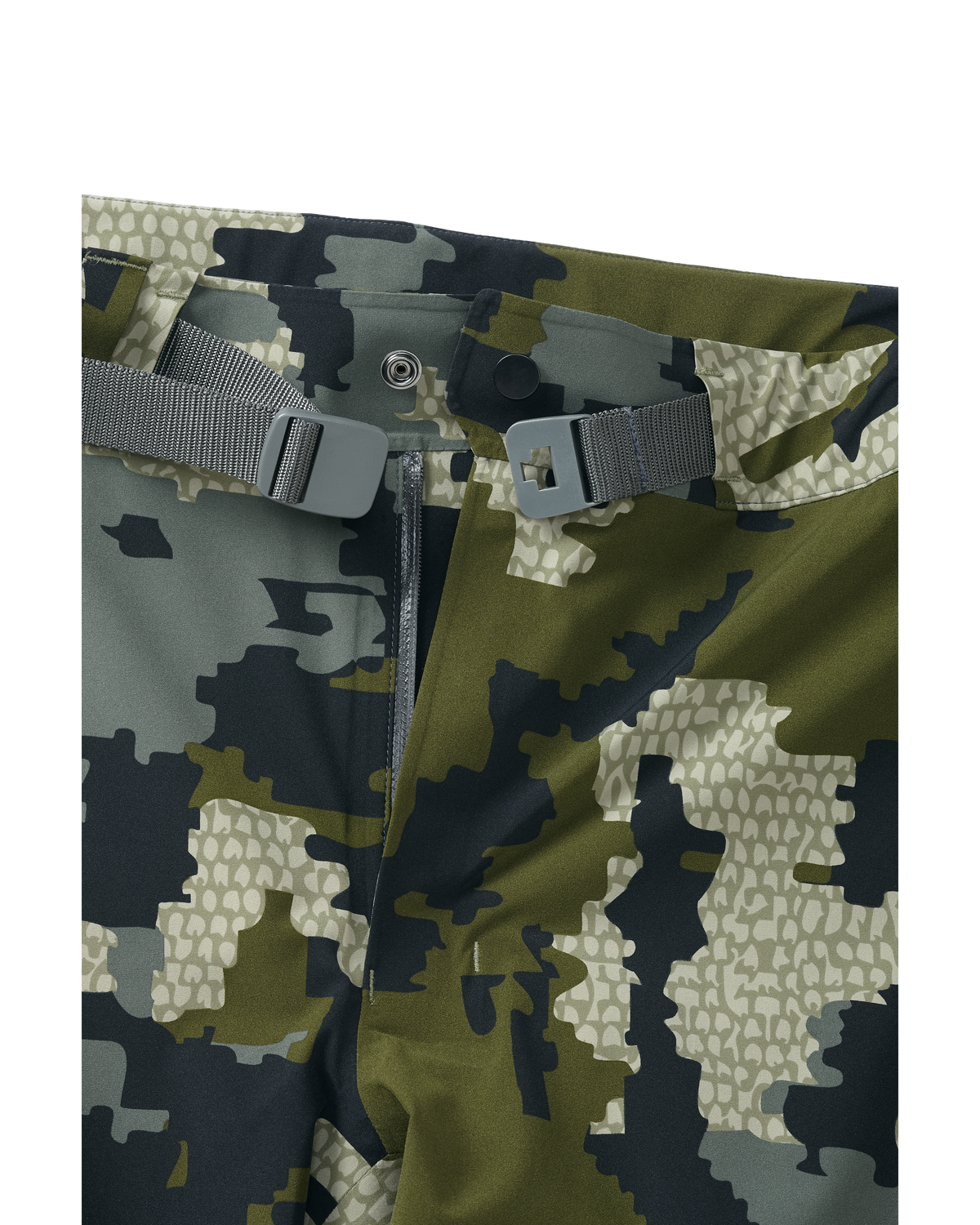 Detail adjustable waist with built-in belt on Chugach TR Rain Pant in Verde Camouflage