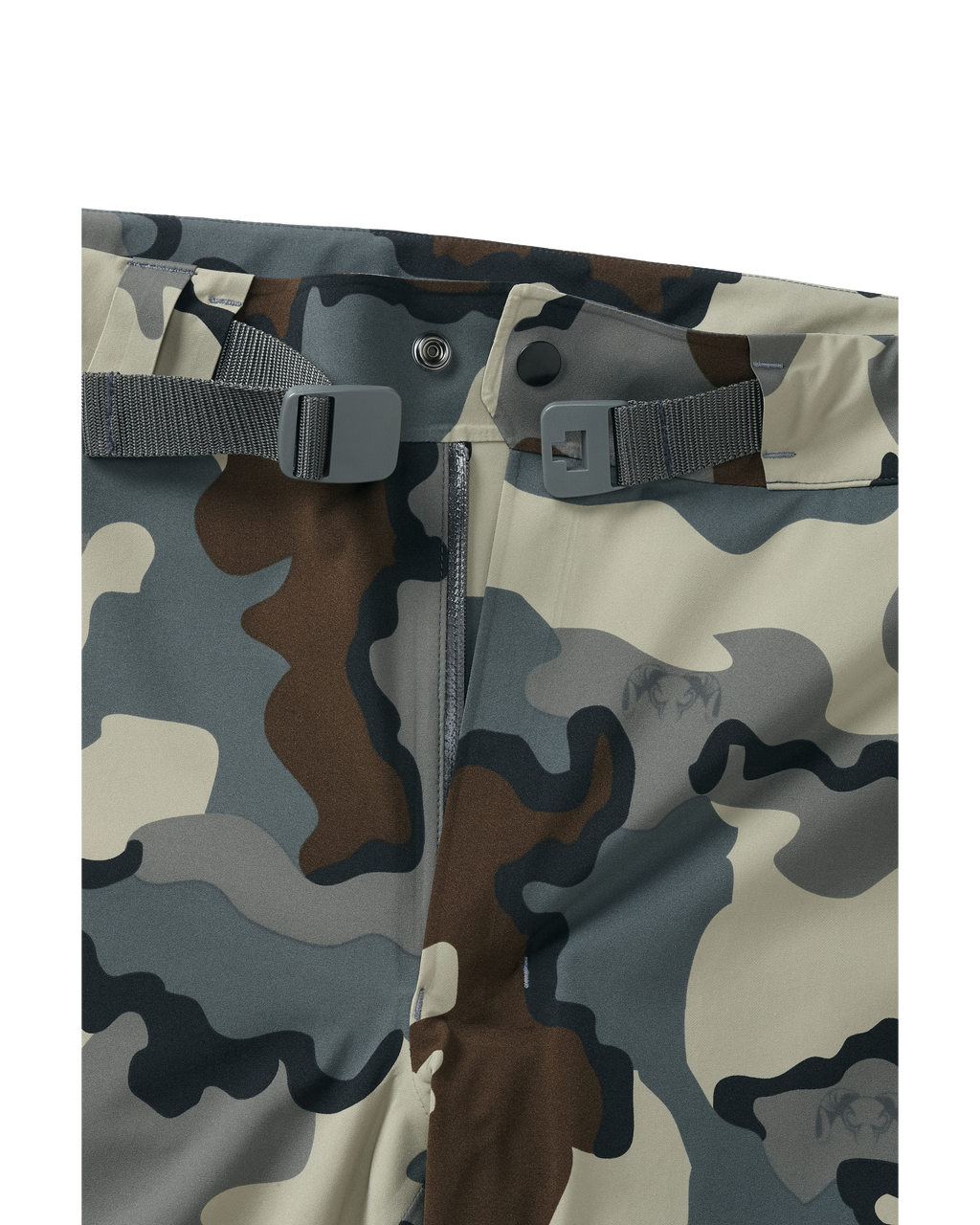 Detail adjustable waist with built-in belt on Chugach TR Rain Pant in Vias Camouflage