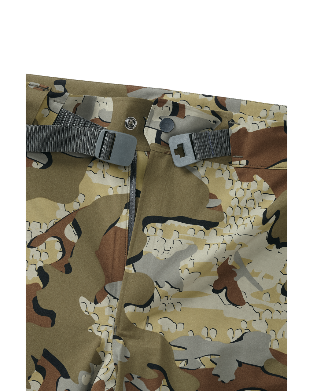 Detail adjustable waist with built-in belt on Chugach TR Rain Pant in Valo Camouflage